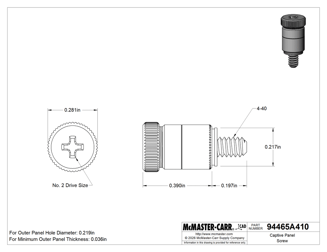 Technical Drawing of Captive Panel Screw, Press-Fit, 18-8 Stainless Steel Body, 4-40 Thread Size,.197" Long.